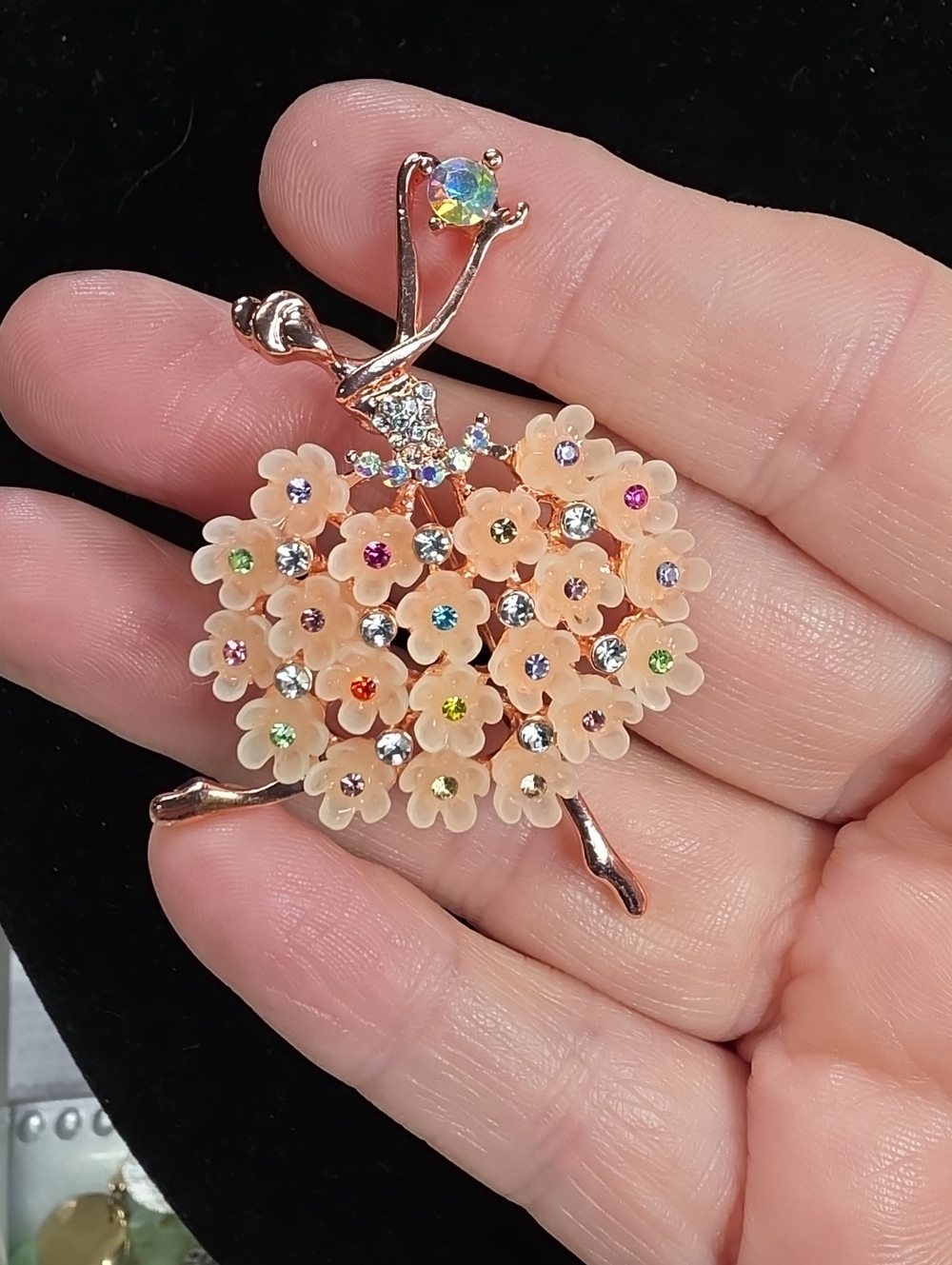 B18- Floral Ballerina Brooch Pin in Peach with Multicolor Crystals
